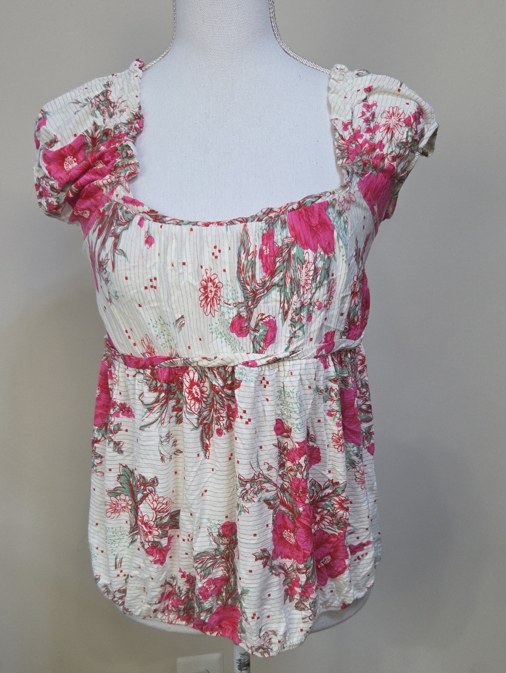 ANTHROPOLOGIE DELETTA White Elastic Hem Top with Pink Floral Print